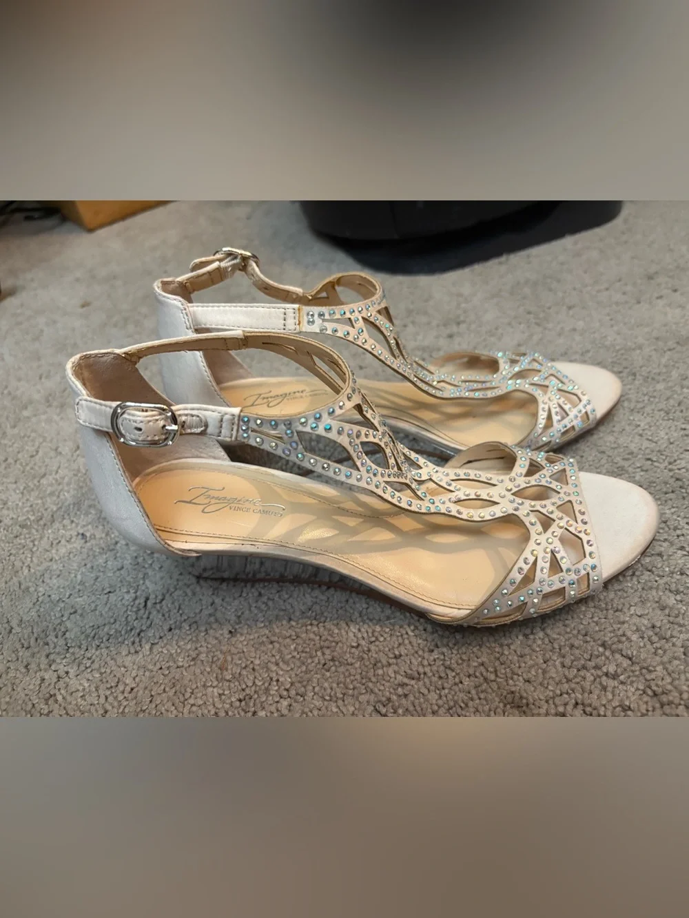 Vince Camuto Nude Crystal T‑Strap Wedge Sandals